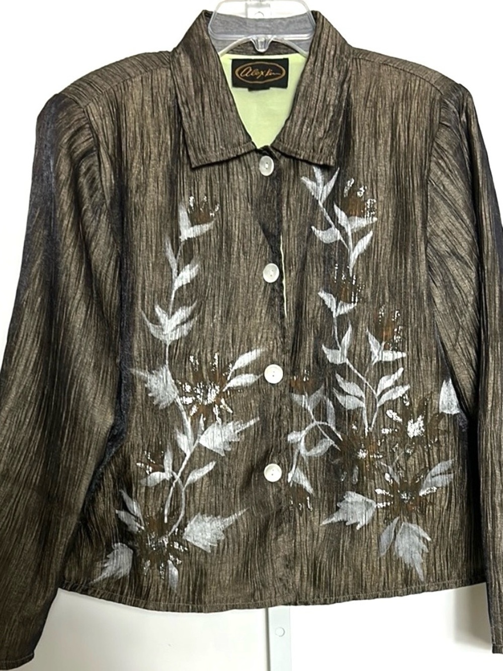 Alex Kim Women’s Size Large Gray Green Metallic Shimmering Silk Jacket